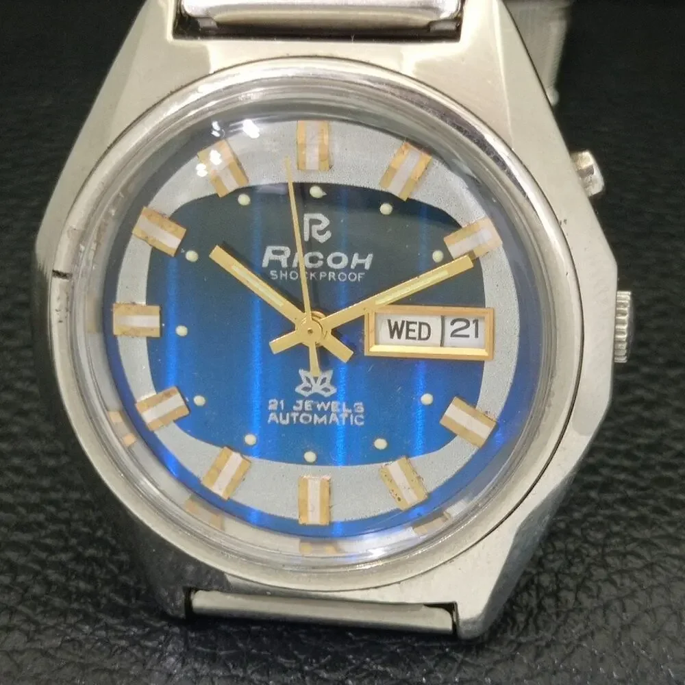 Vintage 1986 Ricoh Automatic Mens Silver Watch W/daydate & Blue accents